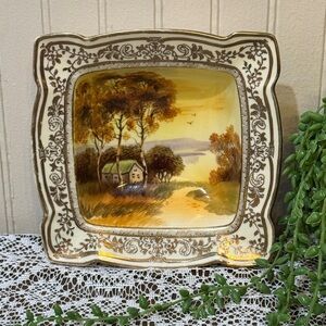 Vintage Nippon Square Serving Dish Cottage Scene Hand Painted Gilded with Gold